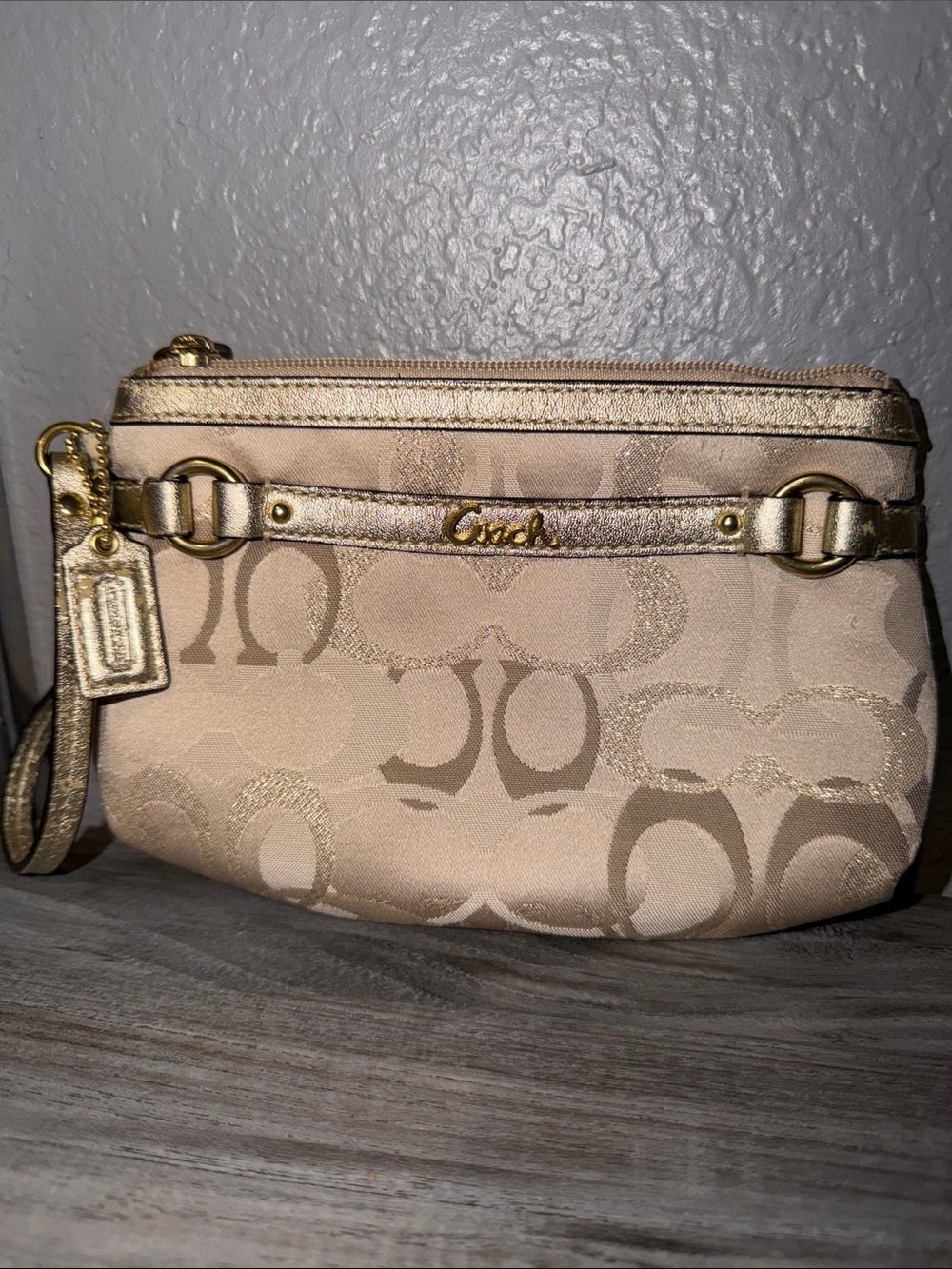 Coach Beige and Gold Signature Wristlet